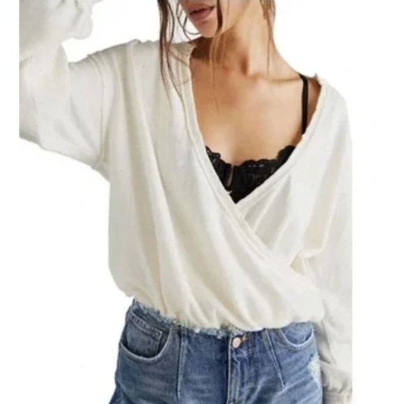 Free People Tops - WE‎ THE FREE People Anyway Plunge Neck Long Sleeve Top Draped Faux Wrap Cream XS